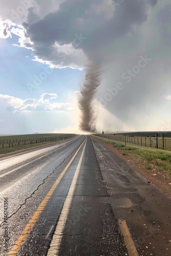 A tall tornado sweeps over U.S. Highway 385 as large hail falls
