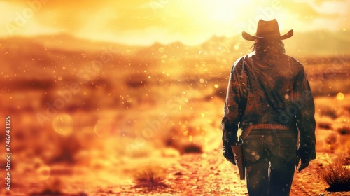 Lone American cowboy staring at the desert horizon