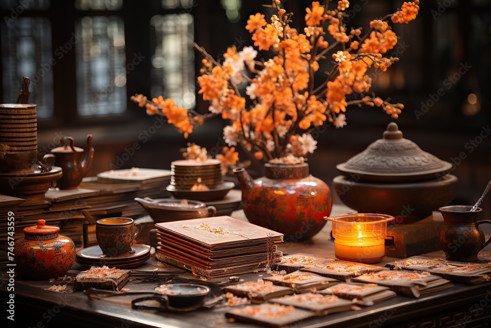 Aesthetic tea setting with orange blossoms and traditional pottery on a wooden table