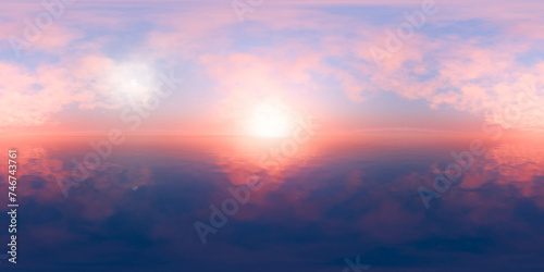 Pastel sky at sunset with tranquil sea of clouds and soft light reflections 3d render illustration 360 panorama vr environment map