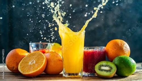 Orange juice battle with Red Juice Splashes Product shots jice particles glass of juice