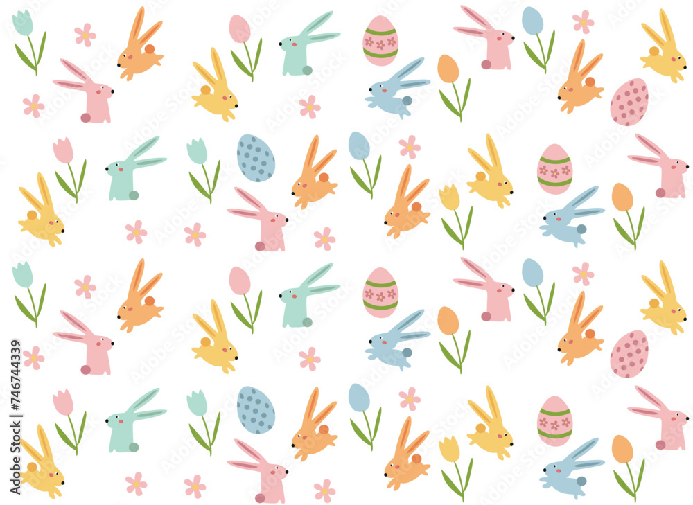 Happy Easter vector illustrations of bunnies, rabbits icons, decorated with flowers and eggs Happy Easter vector illustrations of bunnies, rabbits icons, decorated with flowers and eggs