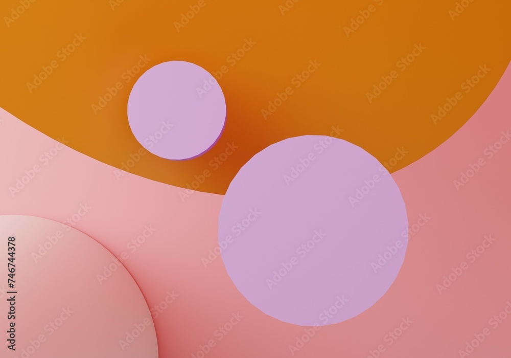 Top view scene with geometrical circles to show cosmetic products. Empty purple platform, podium on pink and orange shapes in the background. 3D Trendy mock up rendering colorful background. Top view scene with geometrical circles to show cosmetic products. Empty purple platform, podium on pink and orange shapes in the background. 3D Trendy mock up rendering colorful background.