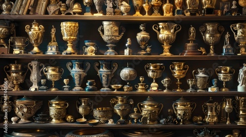 a shelf adorned with gleaming golden trophies, each representing a significant achievement and dedication.