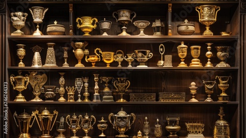 a shelf adorned with gleaming golden trophies, each representing a significant achievement and dedication.