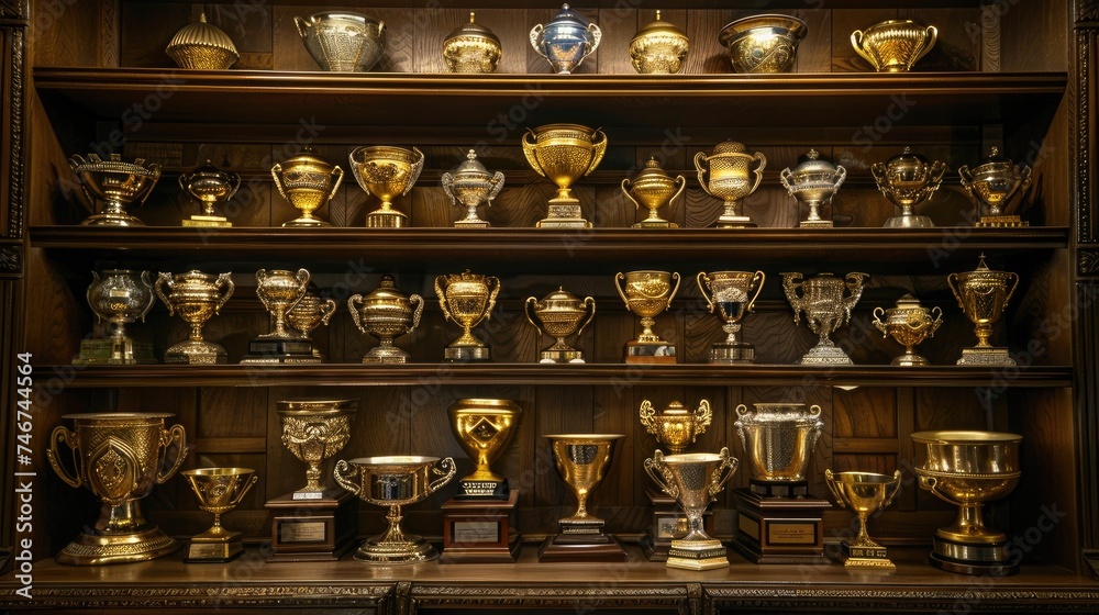 a shelf adorned with gleaming golden trophies, each representing a significant achievement and dedication. a shelf adorned with gleaming golden trophies, each representing a significant achievement and dedication.