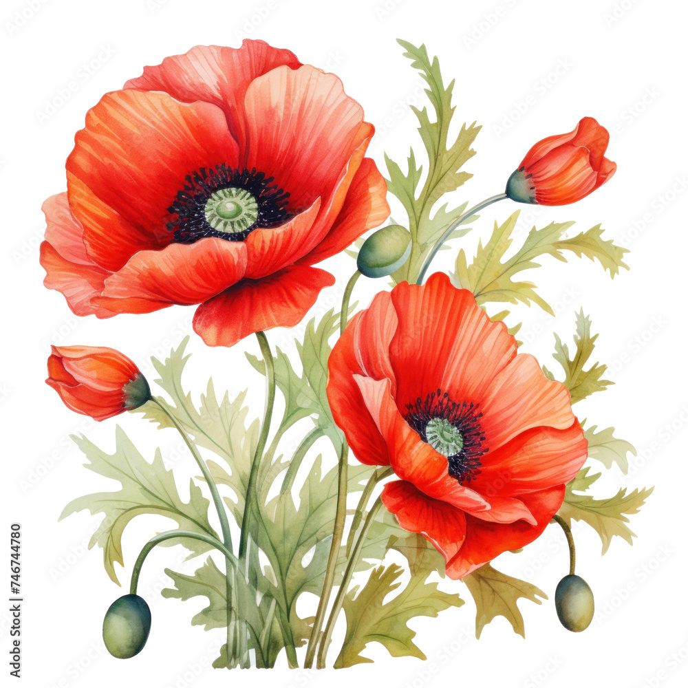 watercolor border with poppy flowers isolated