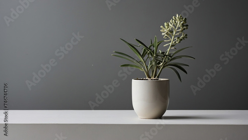 Houseplant in a stylish vase on a laconic gray background. Minimalism.