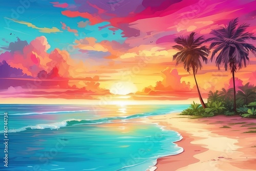 A vibrant summer background with a colorful sunset over a tropical beach, complete with palm trees and crystal clear water