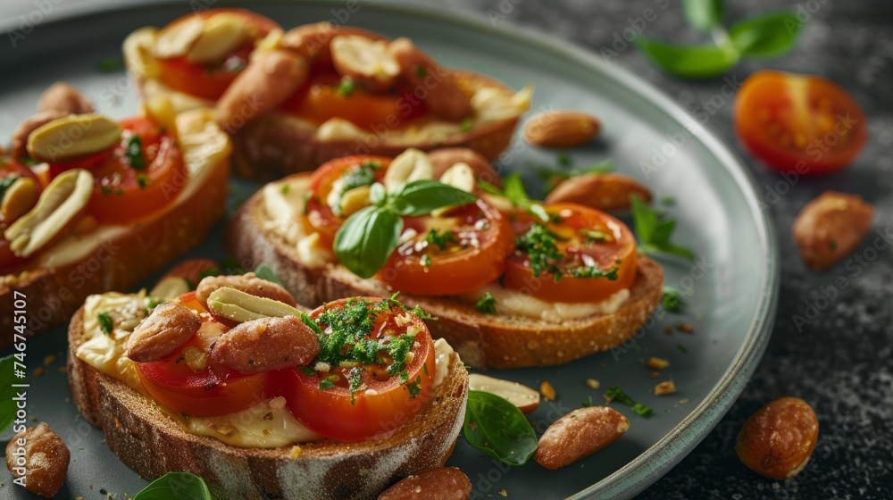 Gourmet Crostini with Smoky Almonds and Fresh Tomato Topping