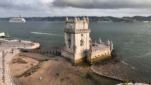 4k Aerial view of Belem Tower, Torre de Belem, Tower of Saint Vincent is fortified tower in the municipality of Lisbon Portugal