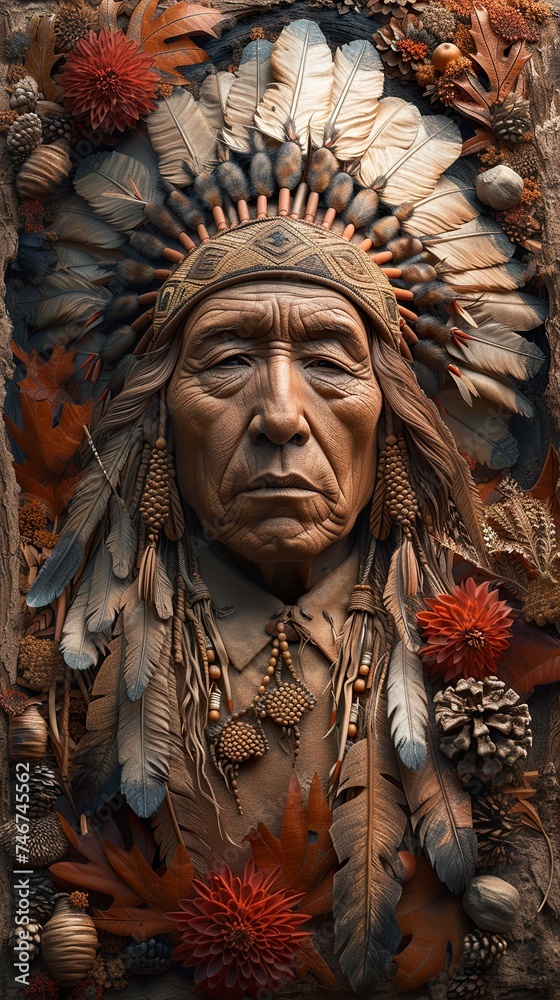 Portrait of Native American Indian keeping watch over his community. Aigenerative