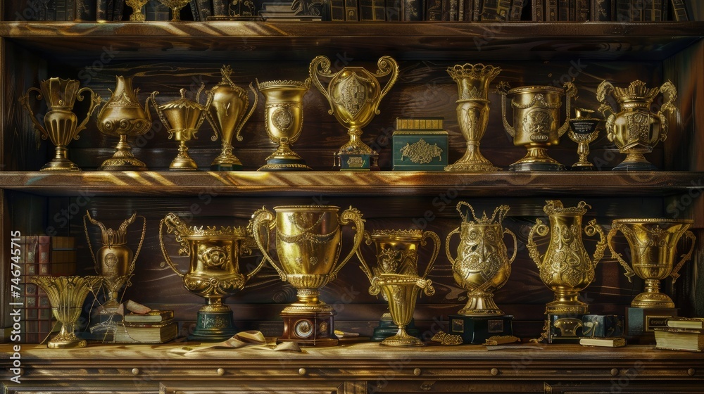 a shelf adorned with gleaming golden trophies, each representing a significant achievement and dedication. a shelf adorned with gleaming golden trophies, each representing a significant achievement and dedication.