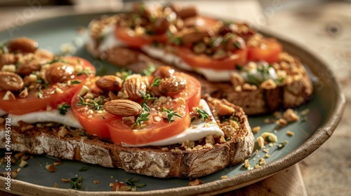 Gourmet Toasts with Tomato, Herby Goat Cheese, and Almonds