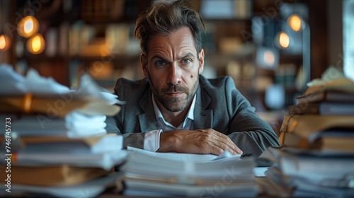 Handsome businessman with a stressed expression and looking at a desk full of files. Ai generative