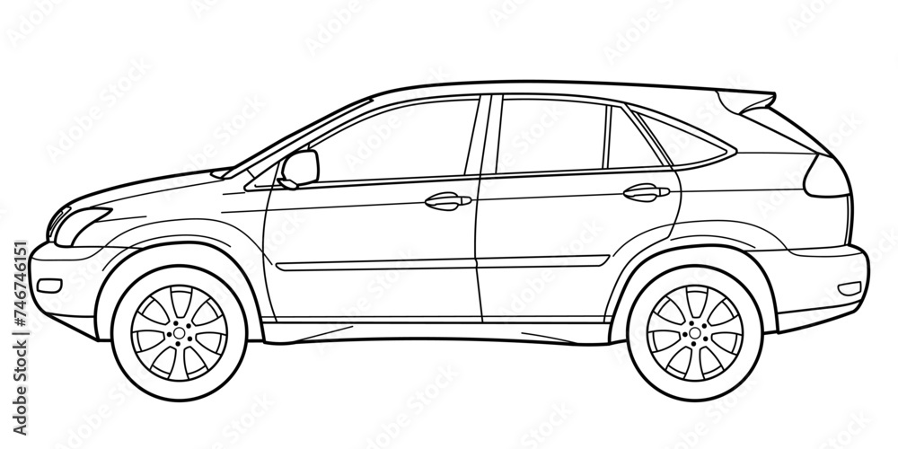 Classic suv car. Crossover car front view shot. Outline doodle vector illustration. Design for print, coloring book