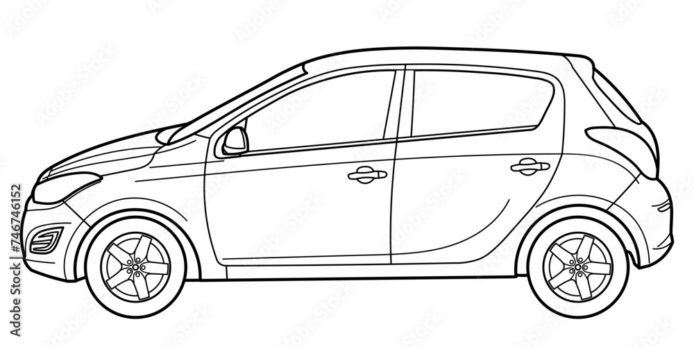 Outline drawing of a hatchback car from side view. Classic style. Vector outline doodle illustration. Design for print or color book	
