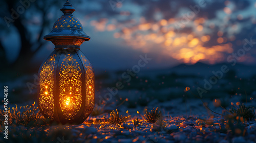 A glowing lantern casting warm light in the tranquil night of Ramadan
