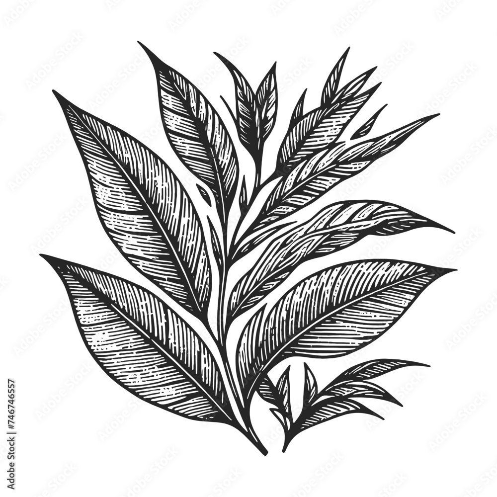 tea branch leaf sketch line art engraving generative ai vector illustration. Scratch board imitation. Black and white image. - obrazy, fototapety, plakaty 