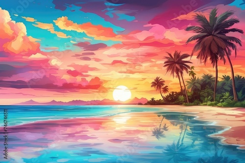 A vibrant summer background with a colorful sunset over a tropical beach, complete with palm trees and crystal clear water © Shoraoddi_Hossain