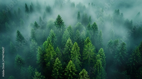 A swedish dreamy spruce forest, morning light, fog. Ai generative
