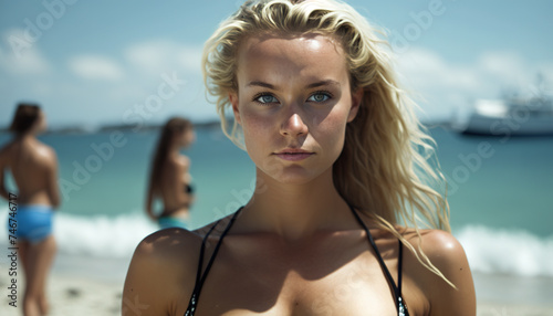 Golden Sands: Portrait of a Blonde Woman by the Sea photo