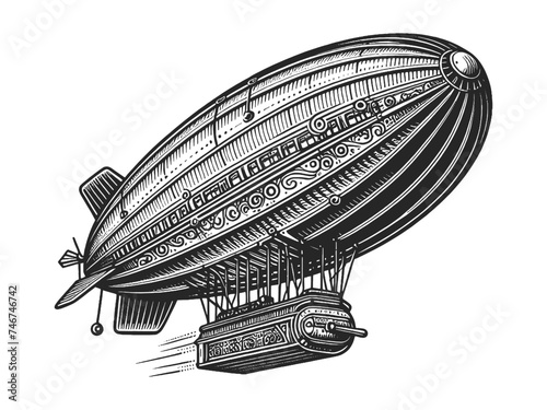 Airship in steampunk style sketch engraving generative ai vector illustration. Scratch board imitation. Black and white image.