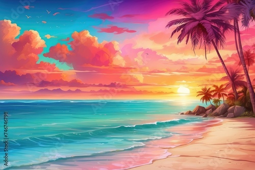 A vibrant summer background with a colorful sunset over a tropical beach, complete with palm trees and crystal clear water photo