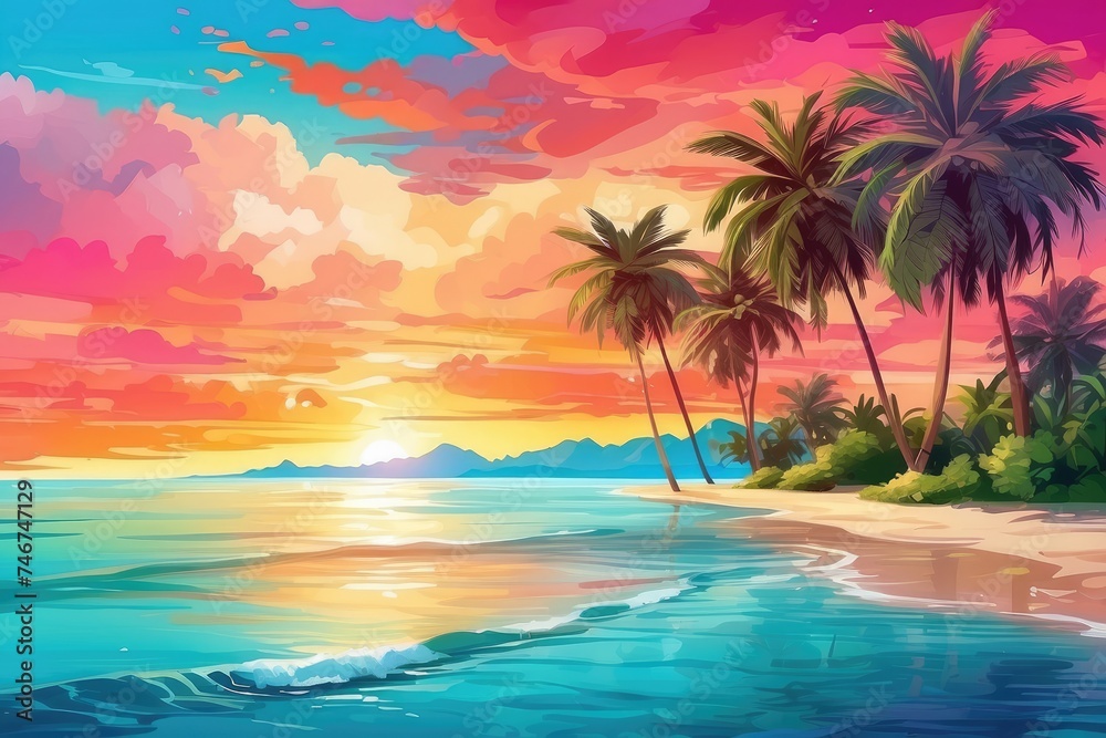 Obraz premium Vibrant Tropical Beach Sunset Illustration with Palm Trees and Colorful Sky
