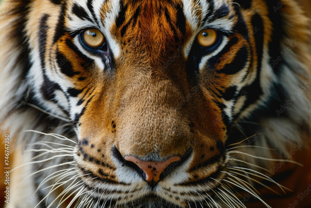 Close-up of a tiger's face, showcasing hypnotic eyes and a symphony of stripes.