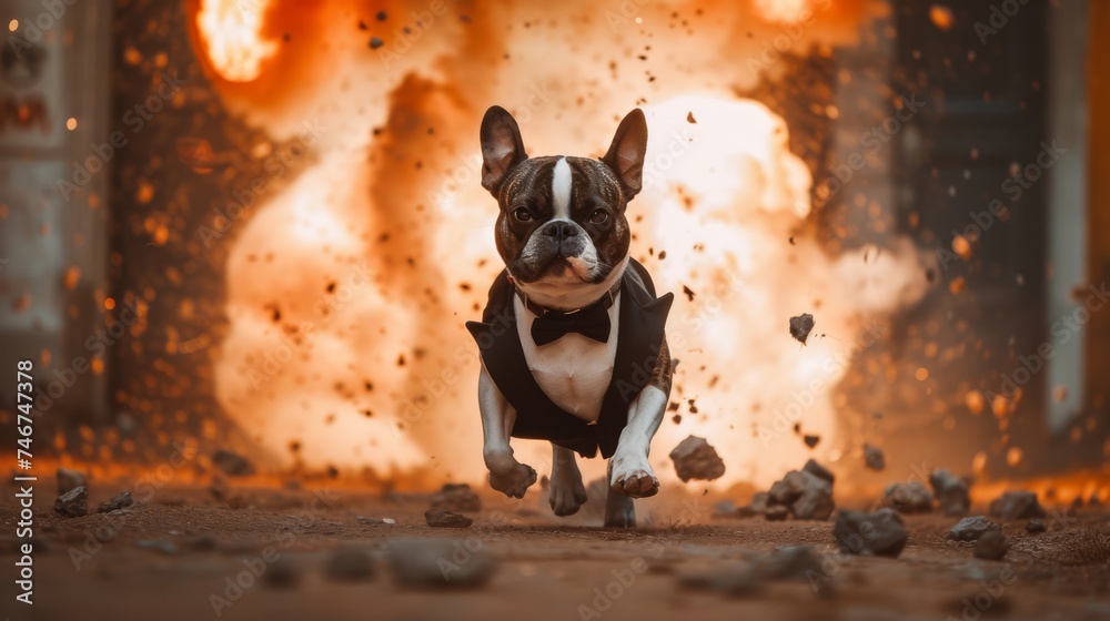 dog in a tuxedo slowly walking away from an explosion