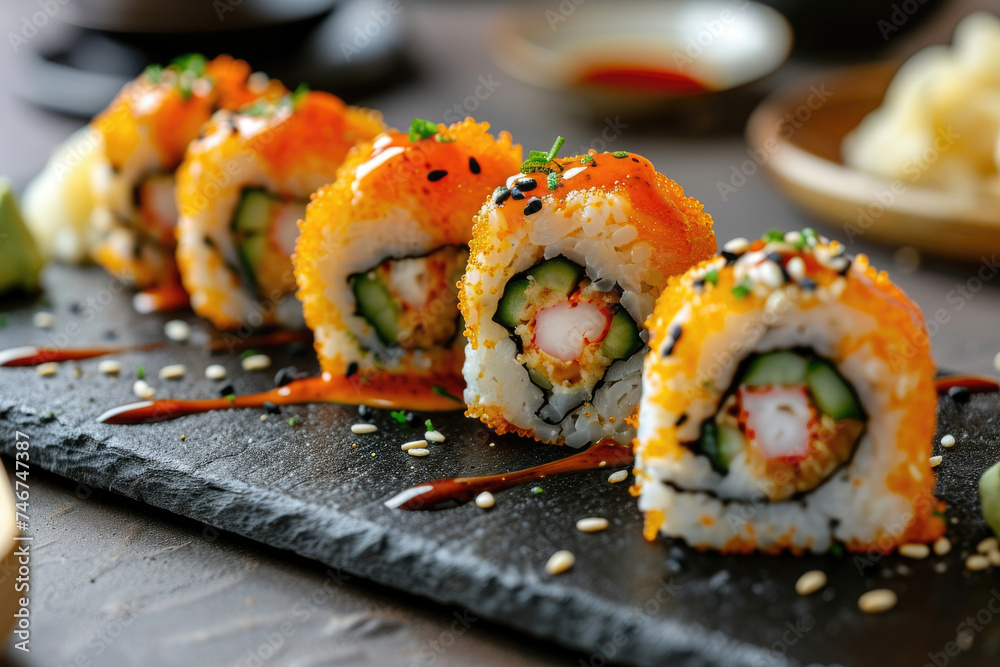 Close-up of California rolls topped with fish roe and sesame seeds on a slate plate with soy sauce drizzle.