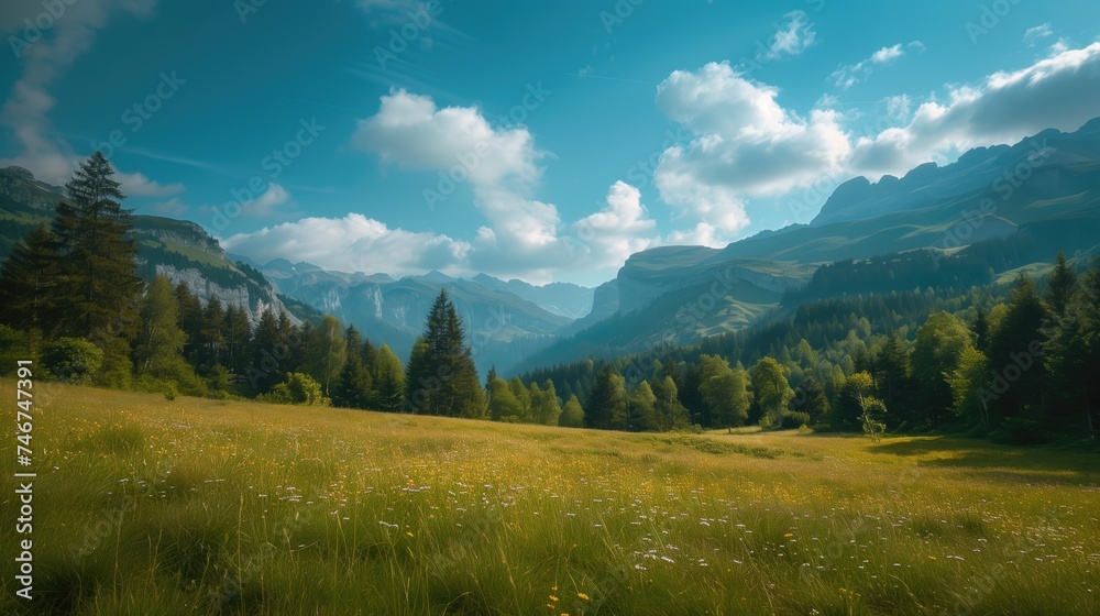 Summer meadow in the mountains with beautiful blue sky and white clouds with some forest and trees around