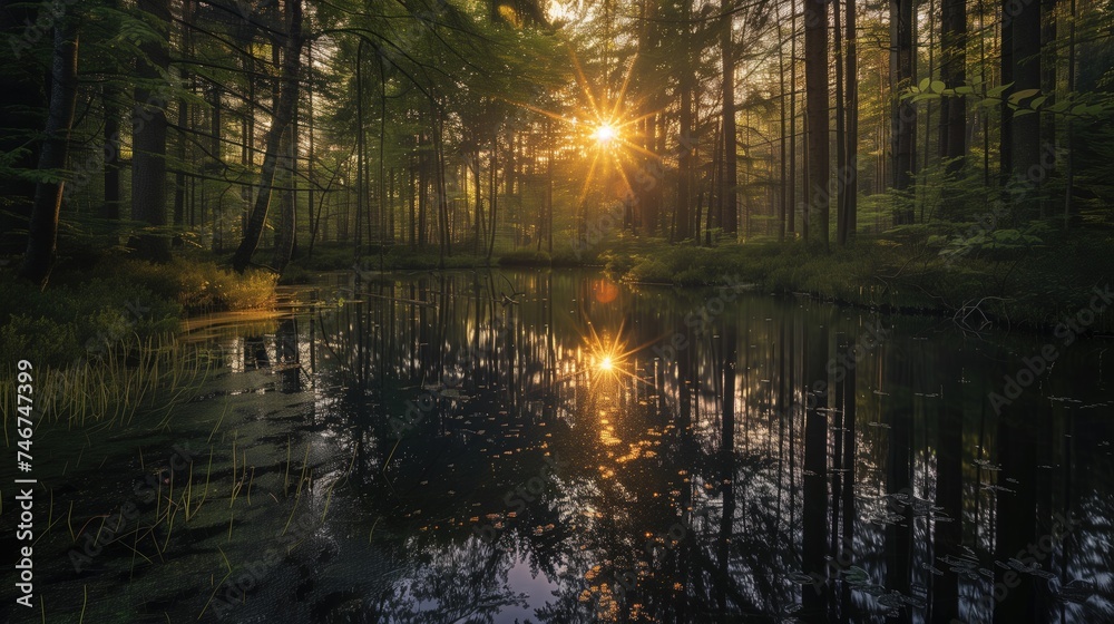 Dark summer forest with sun beams getting through the branches and reflecting in still waters of swampy marsh Dark summer forest with sun beams getting through the branches and reflecting in still waters of swampy marsh