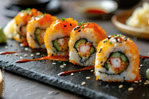 Close-up of California rolls topped with fish roe and sesame seeds on a slate plate with soy sauce drizzle.