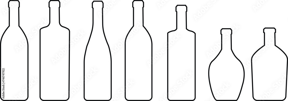 Set with alcohol bottles and glasses line icons. Black outline vector ...