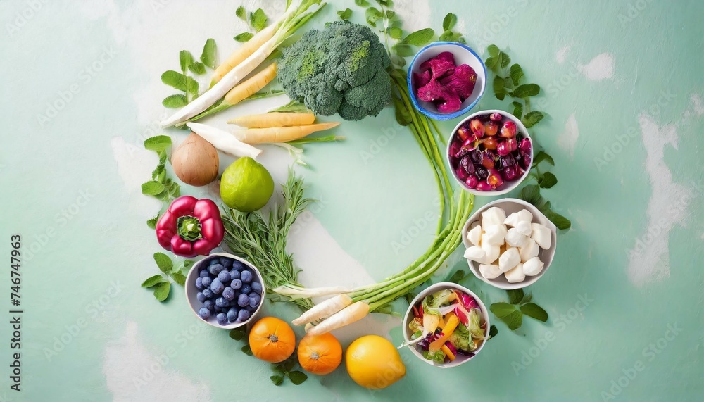 Colorful Harvest: Circular Array of Fruits and Vegetables on Green Background Colorful Harvest: Circular Array of Fruits and Vegetables on Green Background