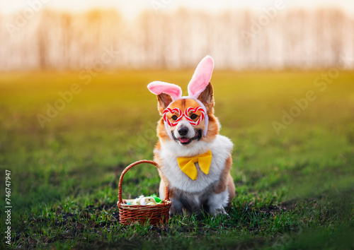 festive charming corgi dog in rabbit ears sits in a spring sunny park with an Easter basket