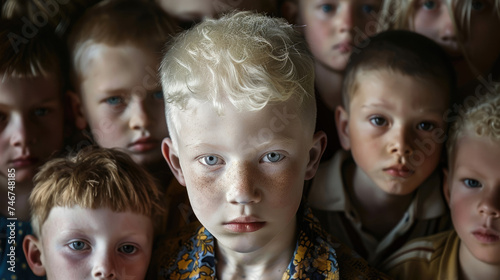International Albinism Awareness Day, an albino boy among children, a genetic feature of appearance, not like everyone else