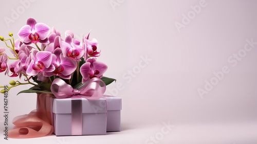 minimalist orchid flower with gift box, illustration, with copy space