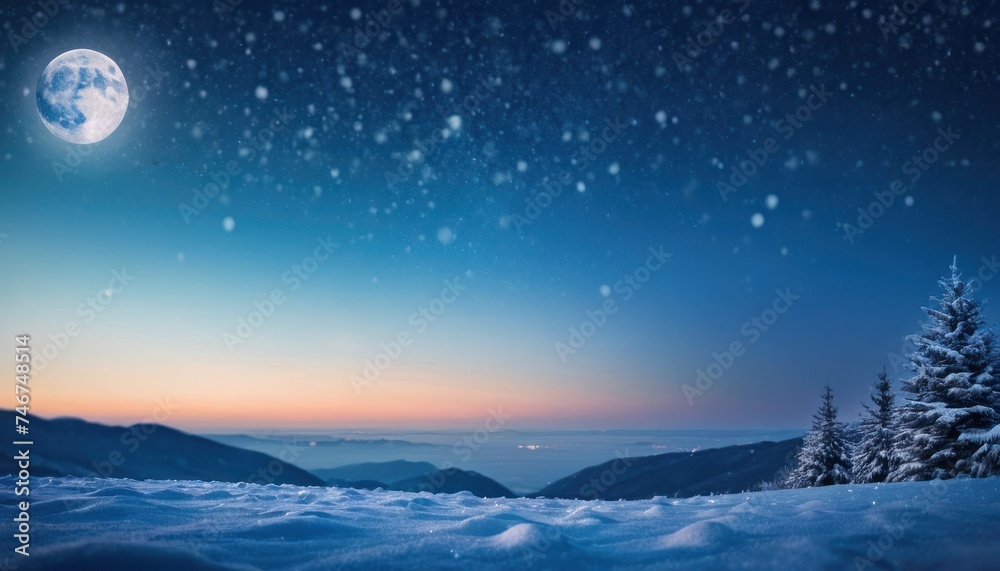 a snowy landscape with a full moon in the sky and a few trees in the foreground and mountains in the background. a snowy landscape with a full moon in the sky and a few trees in the foreground and mountains in the background.