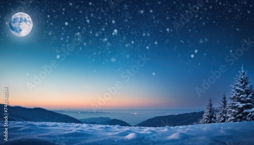 a snowy landscape with a full moon in the sky and a few trees in the foreground and mountains in the background.