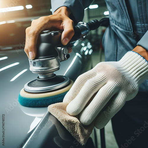 Close-up hand male mechanic wearing suit for working in garage for safety in risky work, mechanic standing using polishing machine scrub surface car that comes garage make new color.

