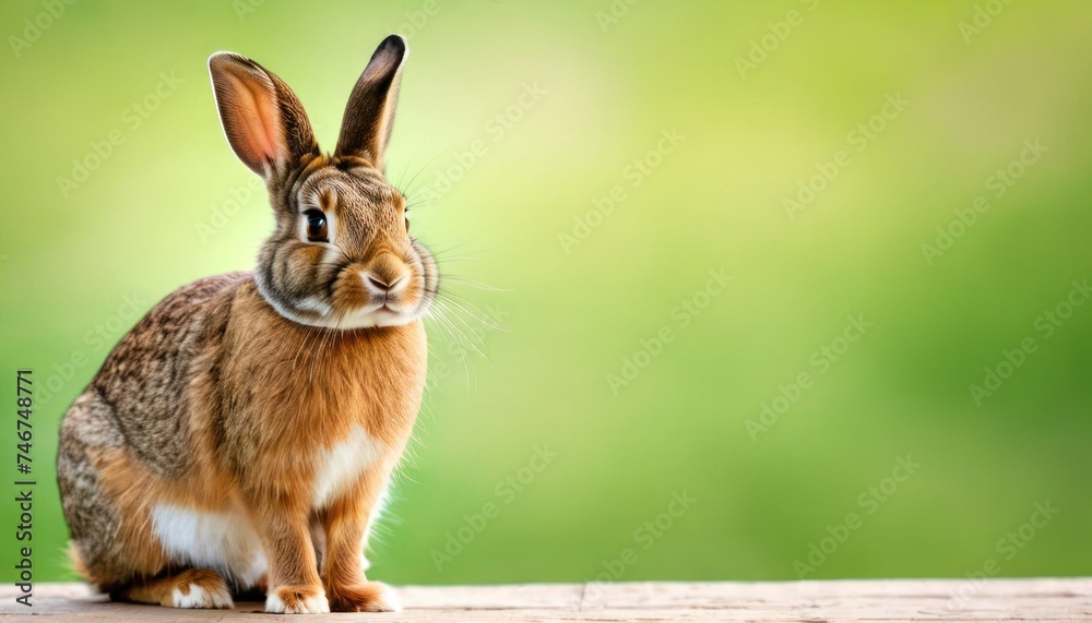 Fototapeta premium a brown and white rabbit sitting on top of a wooden floor in front of a green and white blurry background.