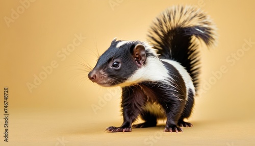 a small black and white animal standing on top of a yellow background and looking at the camera with a surprised look on it's face.