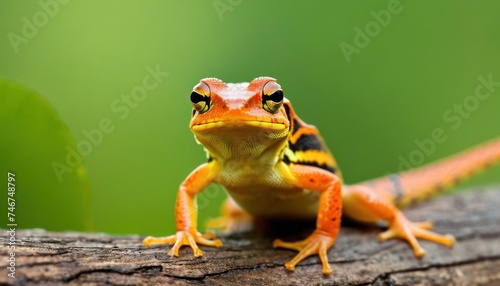 a close up of a small orange and black frog on a piece of wood with a blurry green background.
