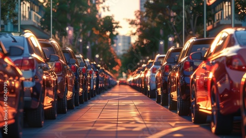 rows of cars in a parking lot, showcasing the professionalism and attention to detail in the composition and lighting of the photograph.