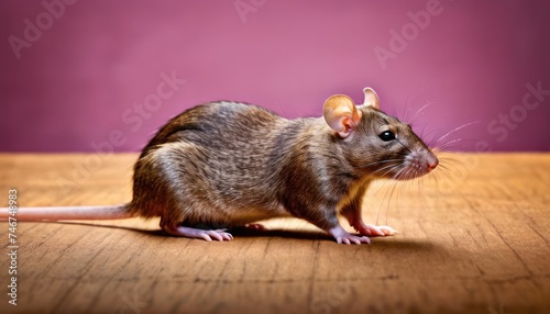 a brown rat sitting on top of a wooden table next to a purple wall and a purple wall behind it.