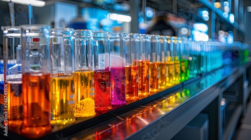 Colorful liquid samples in transparent bottles aligned on a laboratory shelf, indicating chemical or medical research. © soysuwan123