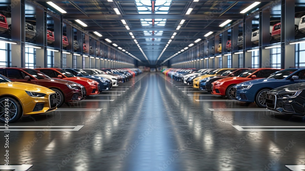 rows of cars in a parking lot, showcasing the professionalism and attention to detail in the composition and lighting of the photograph.